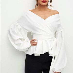 Luxe Off Shoulder Peplum Self Tie Wrap Top Blouse Shirt